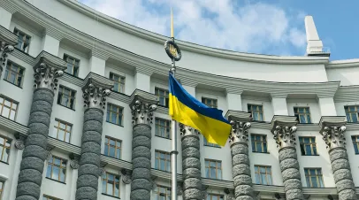 Ukrainian Flag Near the Cabinet of Ministers of Ukraine on Mykhaila Hrushevskoho Street in Kyiv