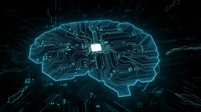 Brain representing artificial intelligence with printed circuit board