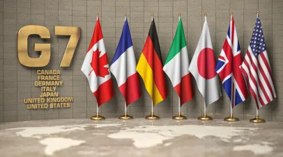 G7 summit or meeting concept. Row from flags of members of G7 group of seven and list of countries, 3d illustration