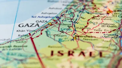 Macro focus highlighting the the middle-eastern region of Gaza.