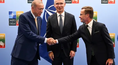Turkish President Recep Tayyip Erdogan, Secretary General of NATO Jens Stoltenberg and Swedish Prime Minister Ulf Kristersson NATO 2023 Summit In Vilnius