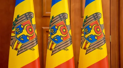Flags of Republic of Moldova pictured in Presidential Palace of Moldova in Chisnau.