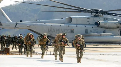 US marine corps and South Korea marine corps soldiers participating in Ssangnyong landing operation exercise on March 31, 2014 in Pohang, South Korea.