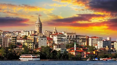 Instanbul skyline with sunset behind it