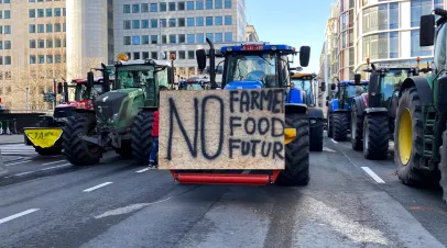 Group of farmers in tractors protesting in Brussels 