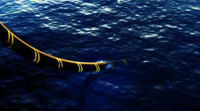 3d illustration of undersea communications cable going into the water