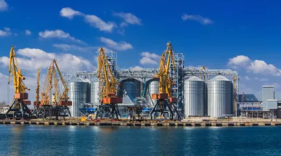 Grain processing facilities alongside a waterfront