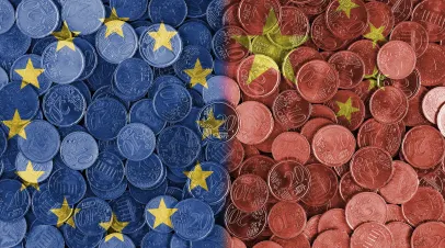 Economical relationship between EU European union and China international trade of Europe, China, international trading, economics concept, investments, flags set on coin euros background