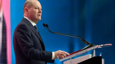 Bucharest, Romania. 6th Apr, 2024: Olaf Scholz, Chancellor of Germany, delivers his speech at the PES conference "We stand together - for our Europe!", held at the Palace of the Romanian Parliament.
