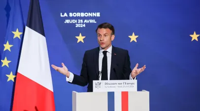 Paris, France, 25-04-2024 : Visit of the President of the Republic, Emmanuel Macron, for a major speech on Europe at the Sorbonne.