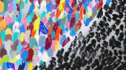Artwork featuring colorful crowds holding flags facing off a large crowd of armed police
