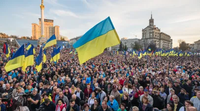 Thousands ukrainians attend rally against surrender on the Independence Square in Kyiv, Ukraine.