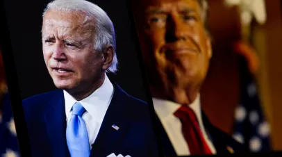 Democratic candidate Joe Biden is sharp in the foreground, while Republican candidate Donald Trump is blurred in the background, USA, December 16, 2024