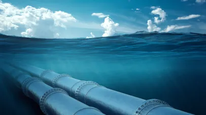 Gas pipeline under water, metal pipes at the bottom of the sea.