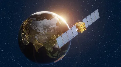 Illustration of a satellite circling earth 