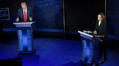 Vice President Harris and Former President Trump on stage at a debate