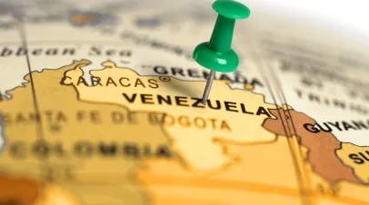 Map of south america with a pushpin in venezuela