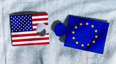 puzzle pieces that have the EU and US flags on them