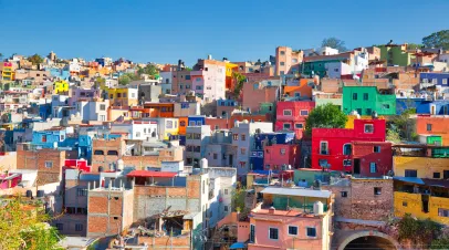 Landscape of colorful buildings in Mexico