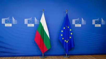 European flag and flag of Bulgaria in European Council offices in Brussels, Belgium on June 28, 2023.