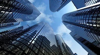 reflective skyscrapers viewed from the ground 