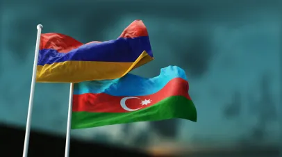 Two flags of Armenia and Azerbaijan fluttering in the wind against the evening sky. 3D Render