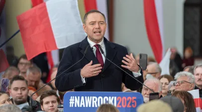 Polish President Karol Nawrocki speaking at a rally