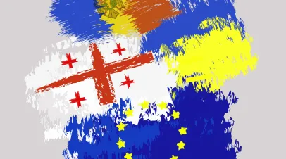 Graphic featuring flags of Georgia, Ukraine, Moldova and the EU