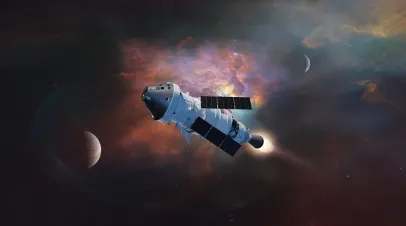 Artemis space program. Orion spacecraft in deep space. Elements of this image furnished by NASA.