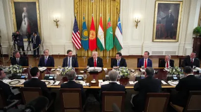 NOVEMBER 06: U.S. President Donald Trump (C), joined by lawmakers and members of his administration, delivers remarks during a dinner with leaders of Central Asian countries in the East Room of the White House on November 6, 2025, in Washington, DC