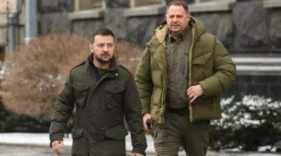 Ukrainian President Volodymyr Zelenskiy and Head of the Office of the President of Ukraine Andriy Yermak in Kyiv, Ukraine, on January 22, 2024