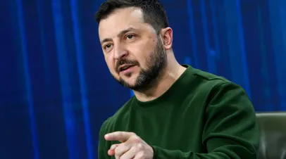 Ukrainian President Volodymyr Zelenskiy is attending the Ukraine. Year 2024 forum while Russia continues its attack on Ukraine, in Kyiv, Ukraine, on February 25, 2024