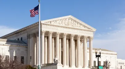 Facade of US Supreme court in Washington DC on sunny day