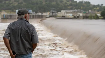A Kerrville resident watches the rising waters of the Guadalupe River on July 4, 2025 in Kerrville, Texas
