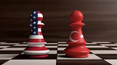 USA and Turkey relations. American and Turkish flags on chess pawns on a chessboard. 3d illustration