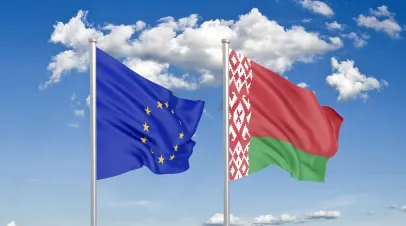 European Union vs Belarus. Thick colored silky flags of European Union and Belarus. 3D illustration on sky background. 