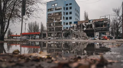 MYKOLAYIV, MYKOLAYIV REGION, UKRAINE - NOVEMBER 2022. The building was destroyed by a russian rocket