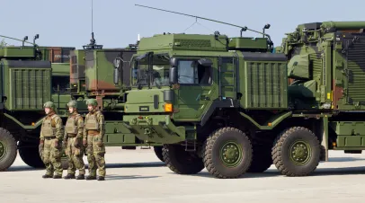 KIEL, GERMANY, SEPTEMBER 4, 2024: Olaf Scholz and Boris Pistorius attend the operative launch of the Bundeswehr's first IRIS-T SLM air defense system.