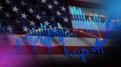 US Economy and Data Chart Graph Over American Flag