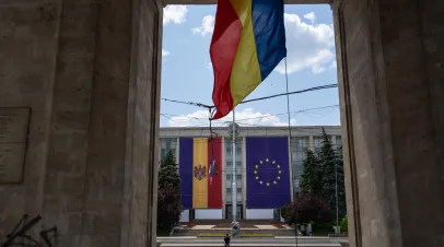 The Moldovan and European Union flags are displayed on the Government House of Moldova on May 31, 2023 in Chisinau, Moldova. 