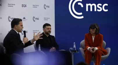 MUNICH, GERMANY - FEBRUARY 14: Ukrainian president Volodymyr Zelensky and general secretary of the NATO Mark Rutte discuss on stage at the 62nd Munich Security Conference on February 14, 2026 in Munich, Germany. The conference, which brings together government leaders, security experts and defence ministers, is taking place at a time when the traditional western political and military alliance is facing rupture due to the policies of U.S. President Donald Trump.