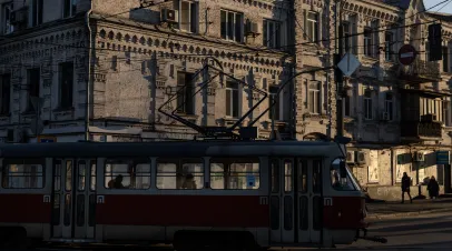 People ride a tram on February 15, 2022 in Kyiv, Ukraine. 