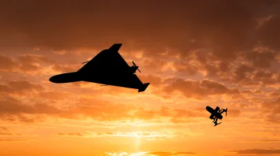 terceptor drone and heavy kamikaze drone at sunset