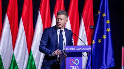 Peter Magyar, leader of the opposition Tisza Party, delivers an annual state of the nation speech, on February 15, 2026 in Budapest, Hungary. Hungary's parliamentary elections will be held on April 12 of this year.
