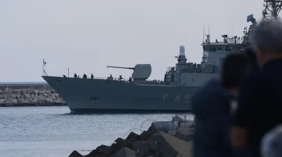 The Greek frigate Psara is seen on March 4, 2026 in Limassol, Cyprus. Greek and French frigates are providing support in protecting the UK and USA military bases on Cyprus, while the UK has said it will dispatch a Destroyer and helicopters with anti-drone systems. Iran has pledged to keep attacking the island until the USA leaves.
