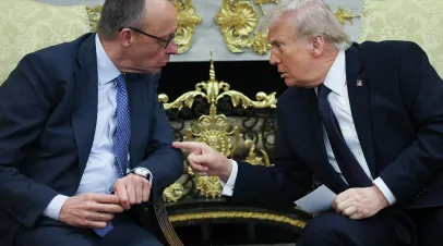 .S. President Donald Trump meets with German Chancellor Friedrich Merz in the Oval Office of the White House, March 3, 2026 in Washington, DC.