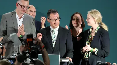  Greens Party lead candidate Cem Özdemir reacts to the announcement of initial results in elections in the state of Baden-Wuerttemberg on March 8, 2026 in Stuttgart, Germany.