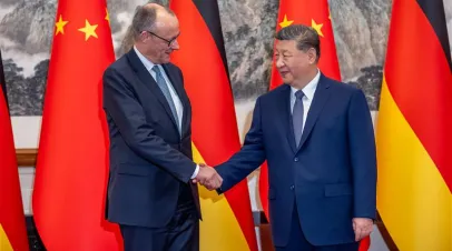 (L-R) German Chancellor Friedrich Merz (CDU) is welcomed by Xi Jinping, President of China, at the state guesthouse for bilateral talks on February 25, 2026 in Beijing, China. German Chancellor Friedrich Merz is visiting China from 25 February to 26 February.