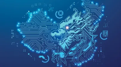 concepts of China technology or tech war, graphic of Dragon combined with electronic China map