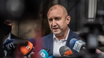 The President of Bulgaria, Rumen Radev, during press conference after casting his vote at a polling station, during the presidential and parliamentary elections on November 14, 2021 in Sofia, Bulgaria. 